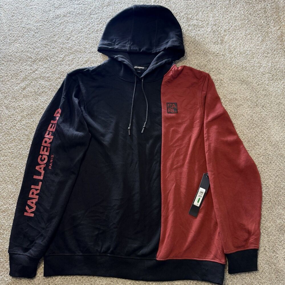 NWT Karl Lagerfeld Men's Colorblock Hoodie Sweatshirt Sz L Retro Black Red Logo